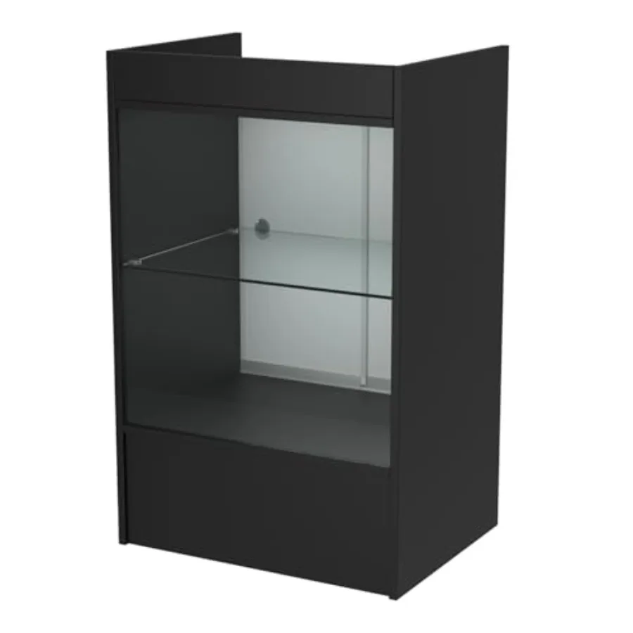 

24" W x 38" H x 18" D Black Wooden Cash Register Stand, Podium Stand, Restaurant Reception Desk with Lockable Sliding Doors and