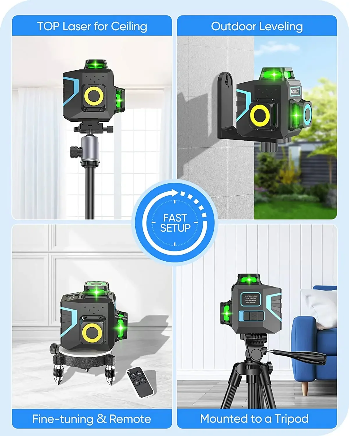 12 Lines 3D Laser Level Self Leveling Green Cross Line 360 Horizontal Vertical 4000mAh Battery Remote Control Green Laser Level