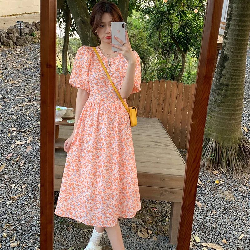 Robe mi-longue florale à manches bouffantes pour femmes, robes douces, chic, décontracté, Ulzzang, Girlish Tender, Streetwear populaire, vacances, été