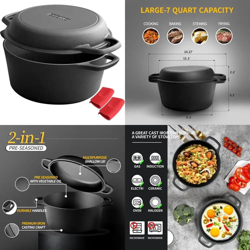 

Чугунная посуда 2-в-1: жаровня и сковорода с крышкой, идеально подходит для приготовления пищи в помещении и на улице, 7 кварт.