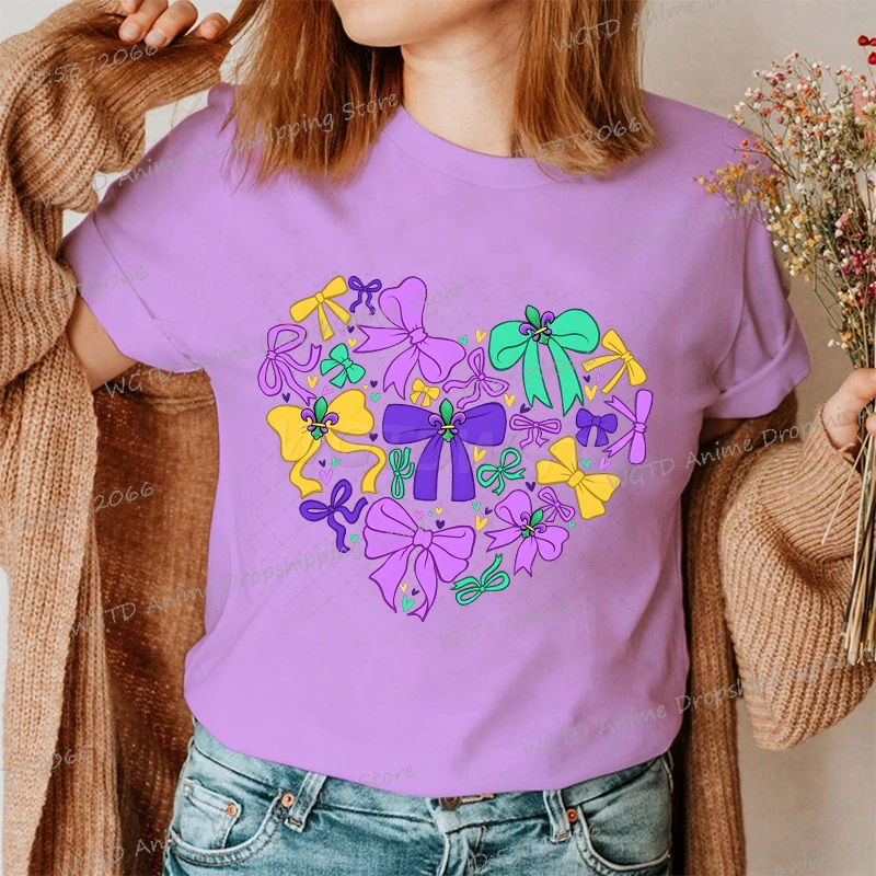 New Coquette Mardi Gras Heart Print T Shirt Women Casual Short Sleeve Mardi Gras Social Party Daily Tops Retro Classic T-Shirt