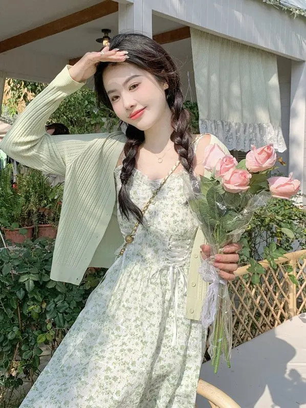 

Sweet Floral Print Two-Piece Set Large Size Women's Spring Summer New Style Commute Korean Style Slim Fit High Waist Long Dress