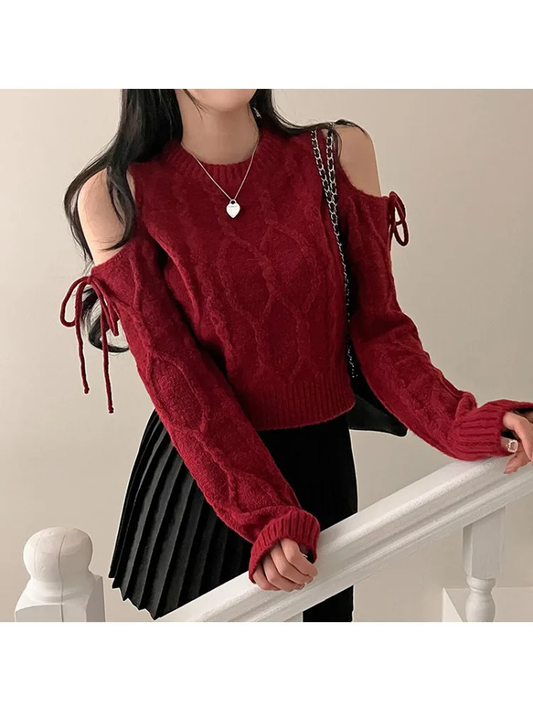 Women's Slim Fit Round Neck Woolen Top, Lace Up, Off Shoulder, Temperament, White, Red, Autumn, Winter, New Fashion, 2022