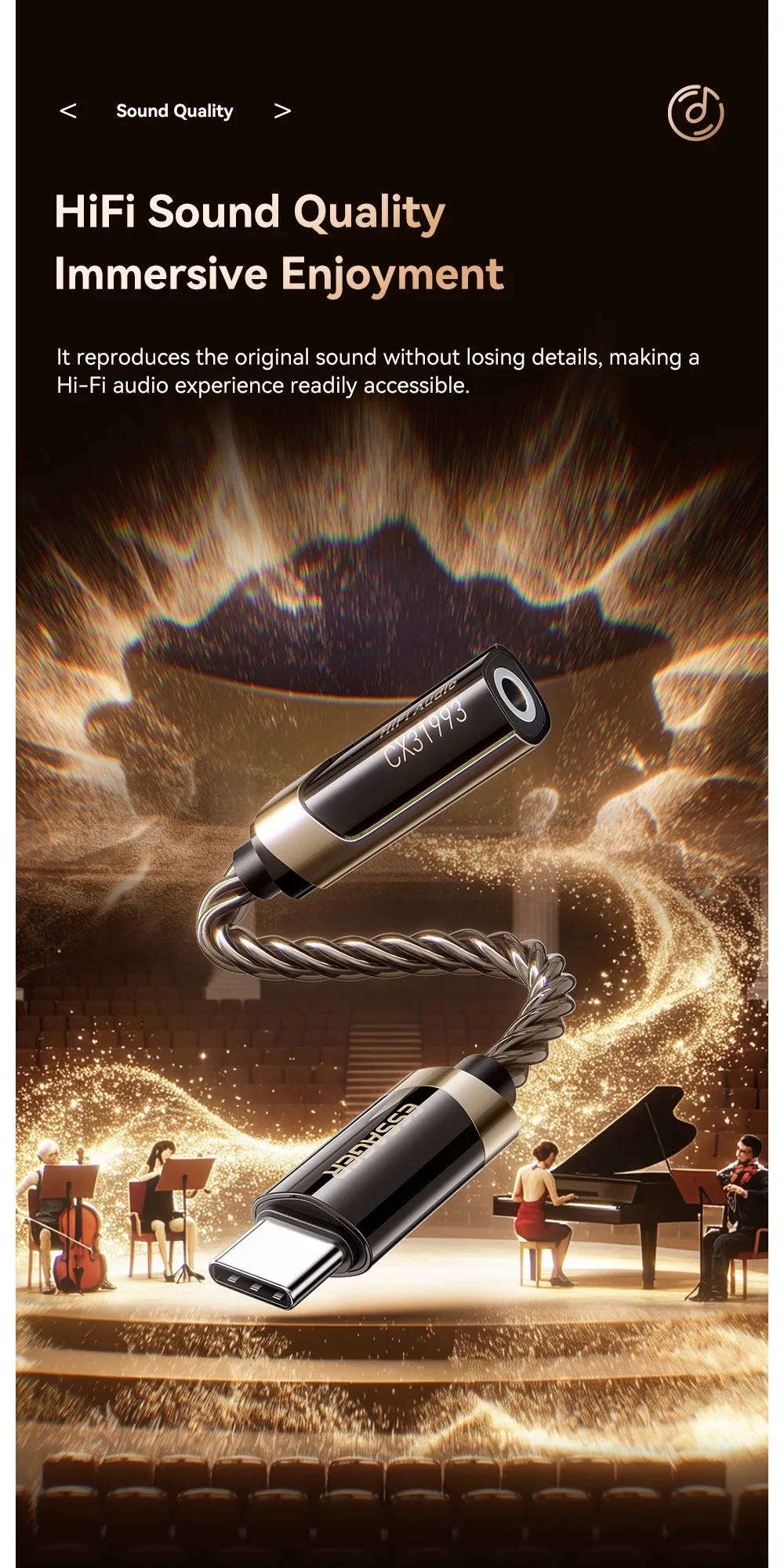 Essager HiFi Audio Adapter Type-C to 3.5mm Jack Headphone Aux Cable OTG for iPhone 17/16/15 pro Max - Hi-Fi Sound Quality