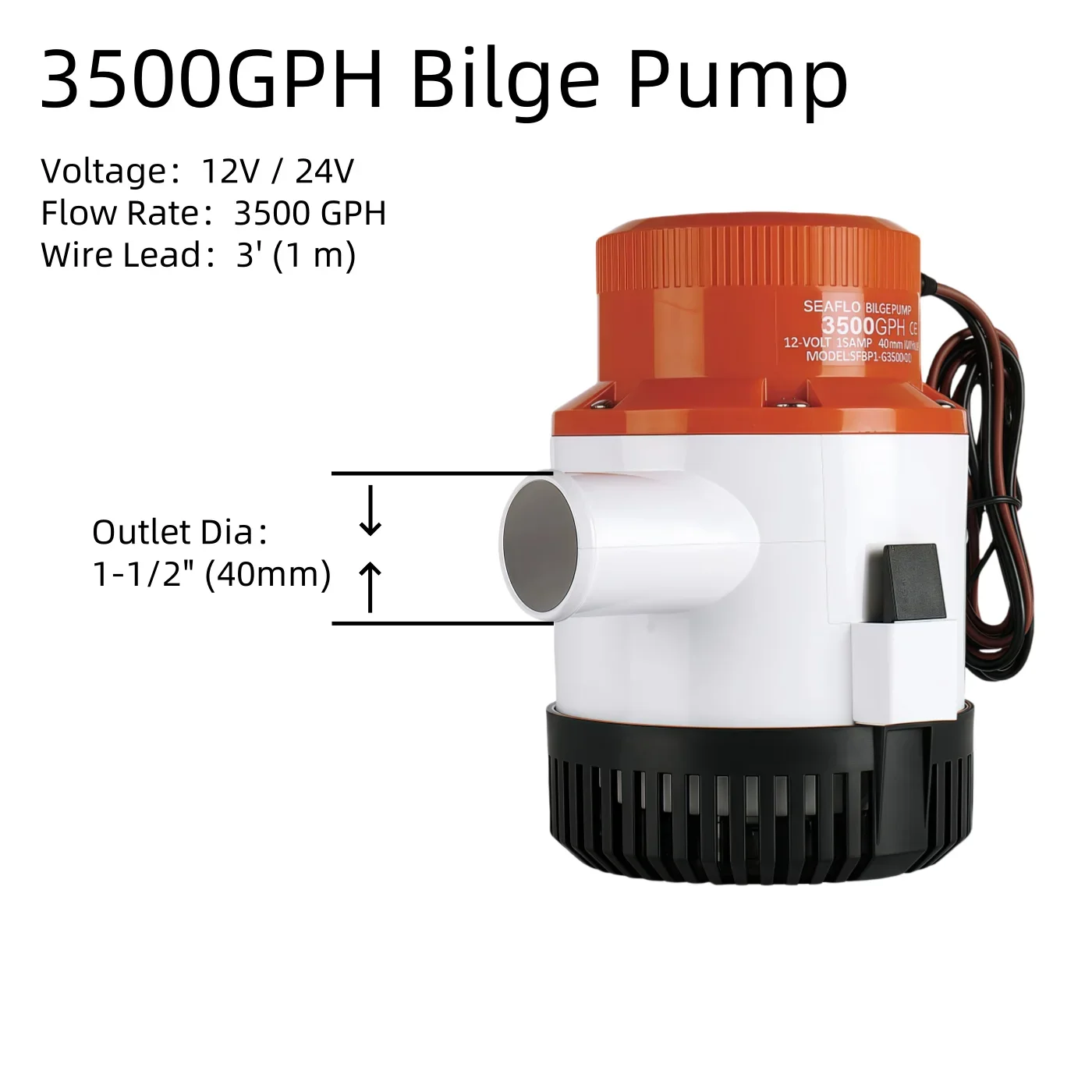 SEAFLO 3500GPH 12V/24V Boat Marine Bilge Pump Heavy Duty High Flow Electric Water Pump for Boat Aquarium Pool Fountain