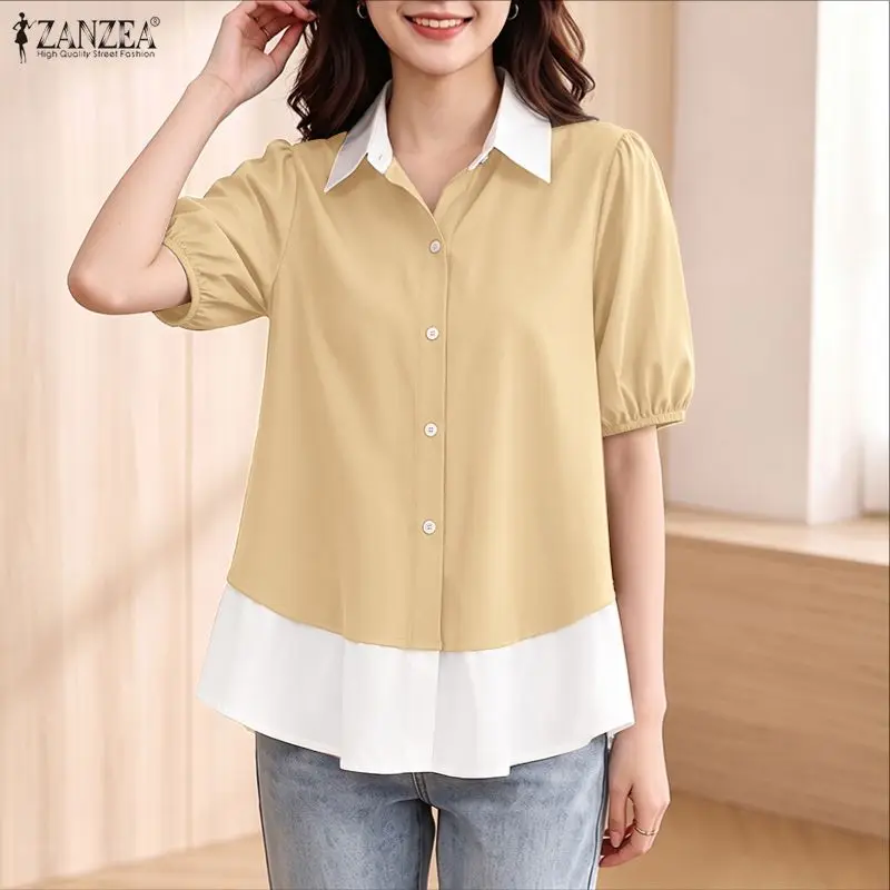 ZANZEA Woman Casual Color-Block Shirts Lapel Puff Sleeves Button Up Peplum Blouses Summer Elegant Daily Wear Chemises Femme 3XL