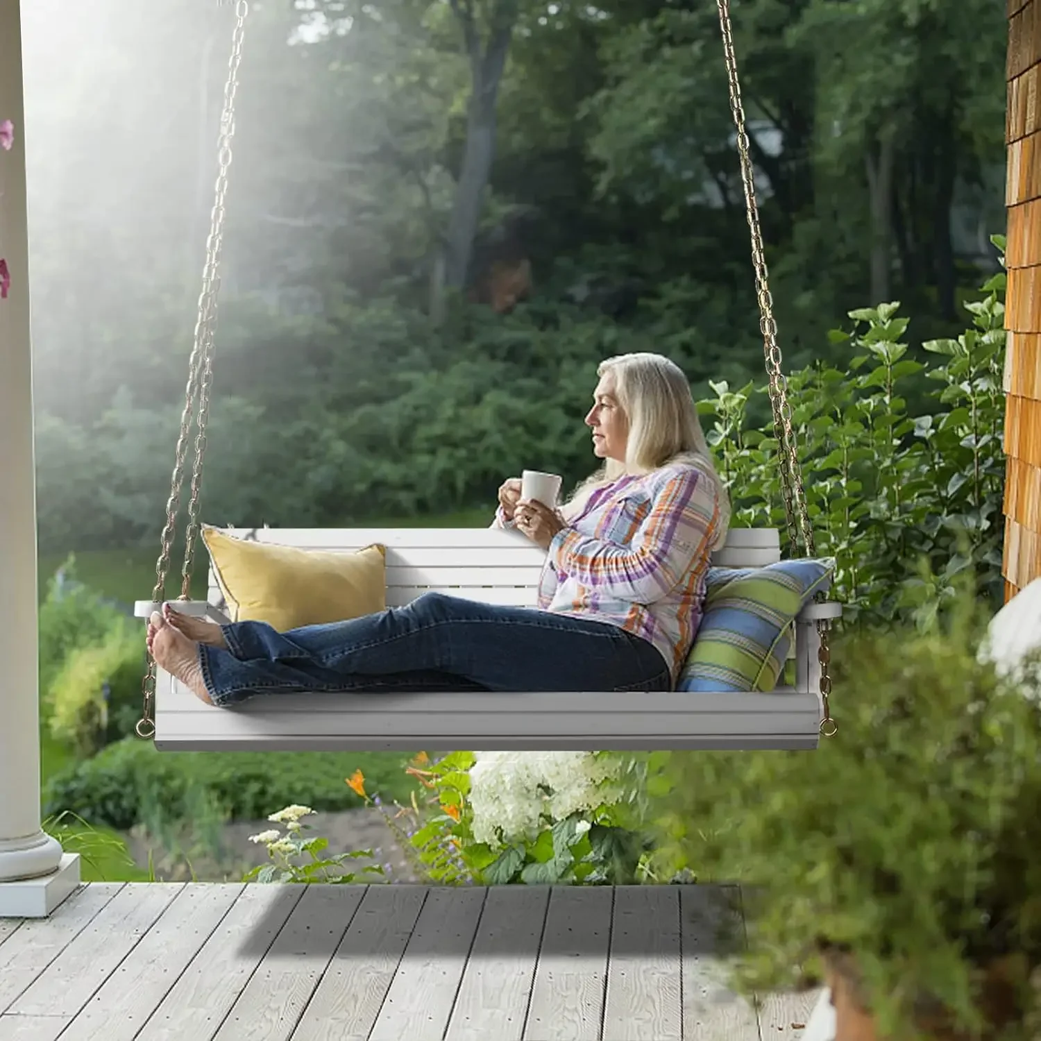 Patio Wooden Porch Swing for Courtyard & Garden, Heavy Duty 880 LBS Swing Chair Bench with Hanging Chains for Outdoors