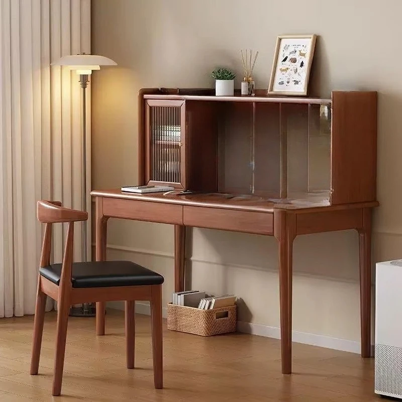 Solid wood desk bookshelf combination modern desk with 3 drawers