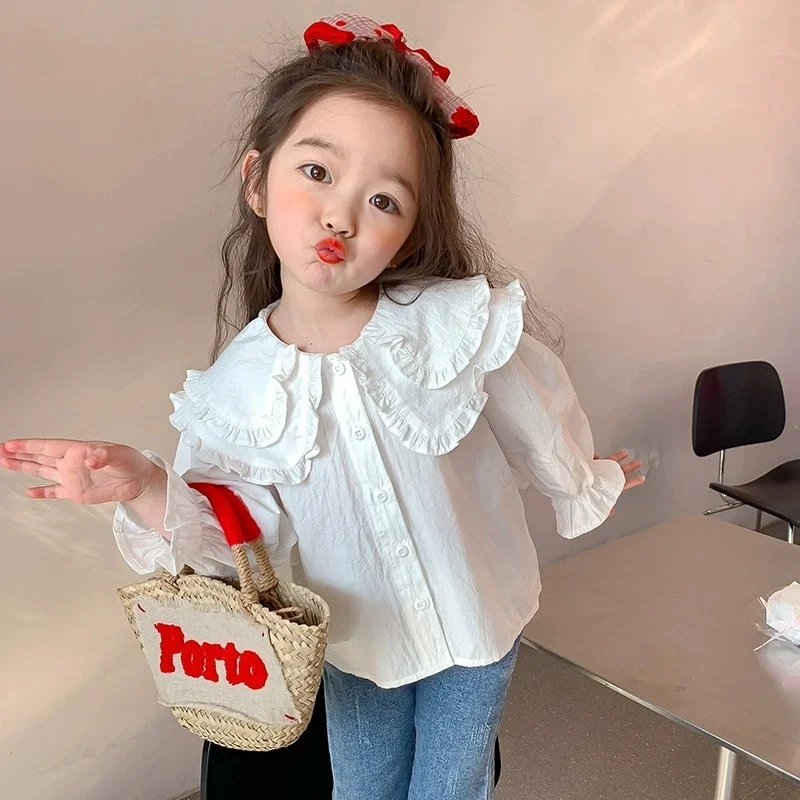 Girls' Spring Shirts in Stock 2026 New Top Children's Clothing Doll Collar Baby Clothing 2-8 Year Old Clothing Children's Gifts