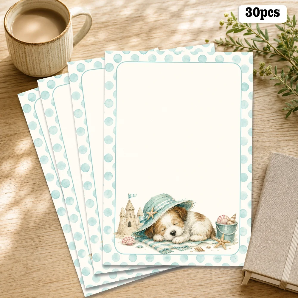 30 Sheets, B5, Writing Paper With A Puppy On The Beach Theme, Lined, No Glue, Very Suitable For Notebooks, Memos, And Stickers