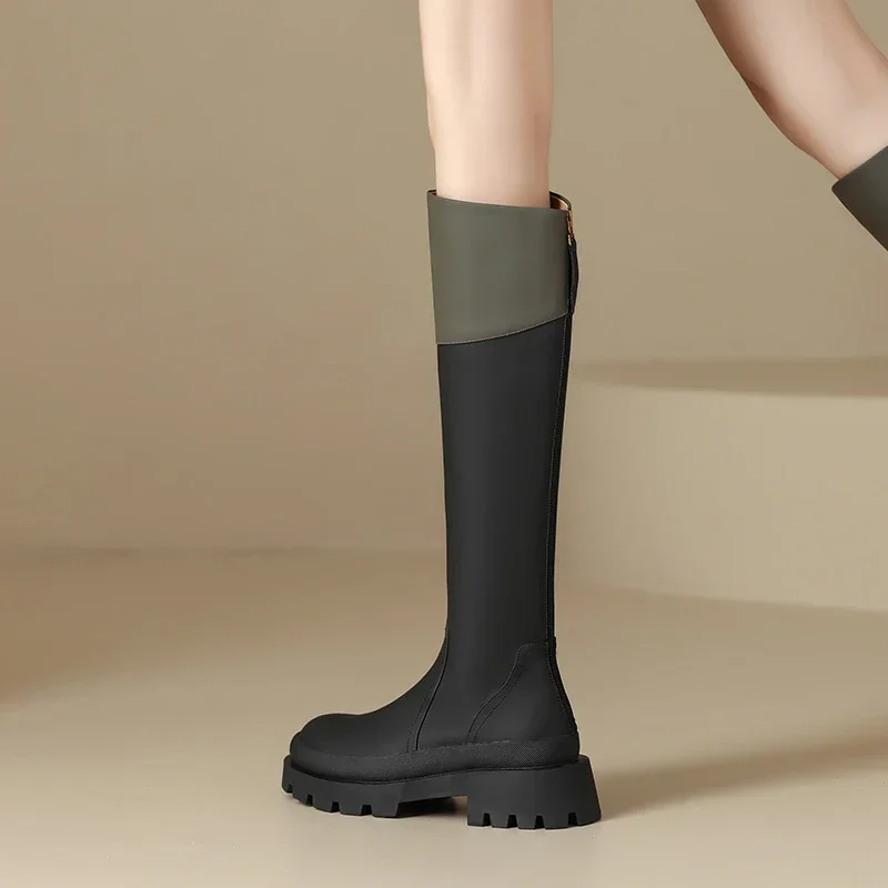 Botas hasta la rodilla de tacón grueso para mujer, zapatos de plataforma de cuero con cremallera trasera, zapatos de vestir para montar, Otoño, 2023