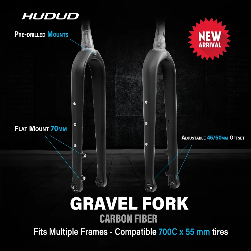 HUDUD Carbon Gravel Fork 700C Thru‑Axle Flat Mount Disc Brake Adjustable Offset 45/50mm Wide Tire 55C Pre‑drilled Mounts R09‑FK