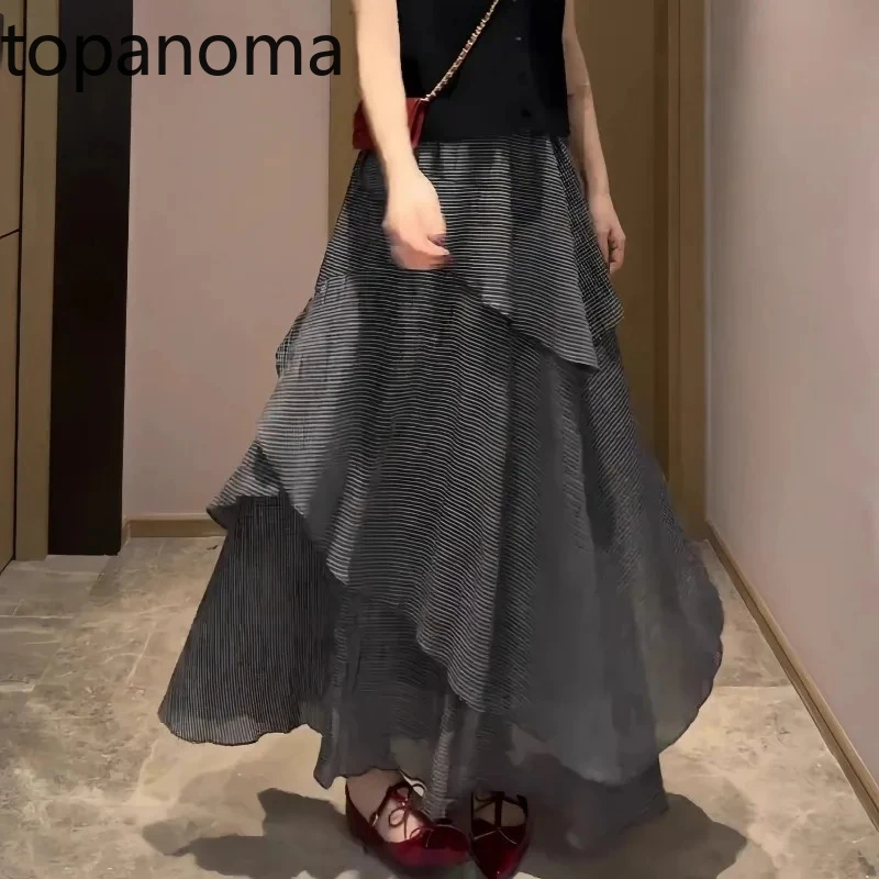 

Topanoma Vintage Plaid Skirts Women Irregular High Waist 2025 Fashion Ruffles French Style Chic Elegant Ladies Long Skirt Casual