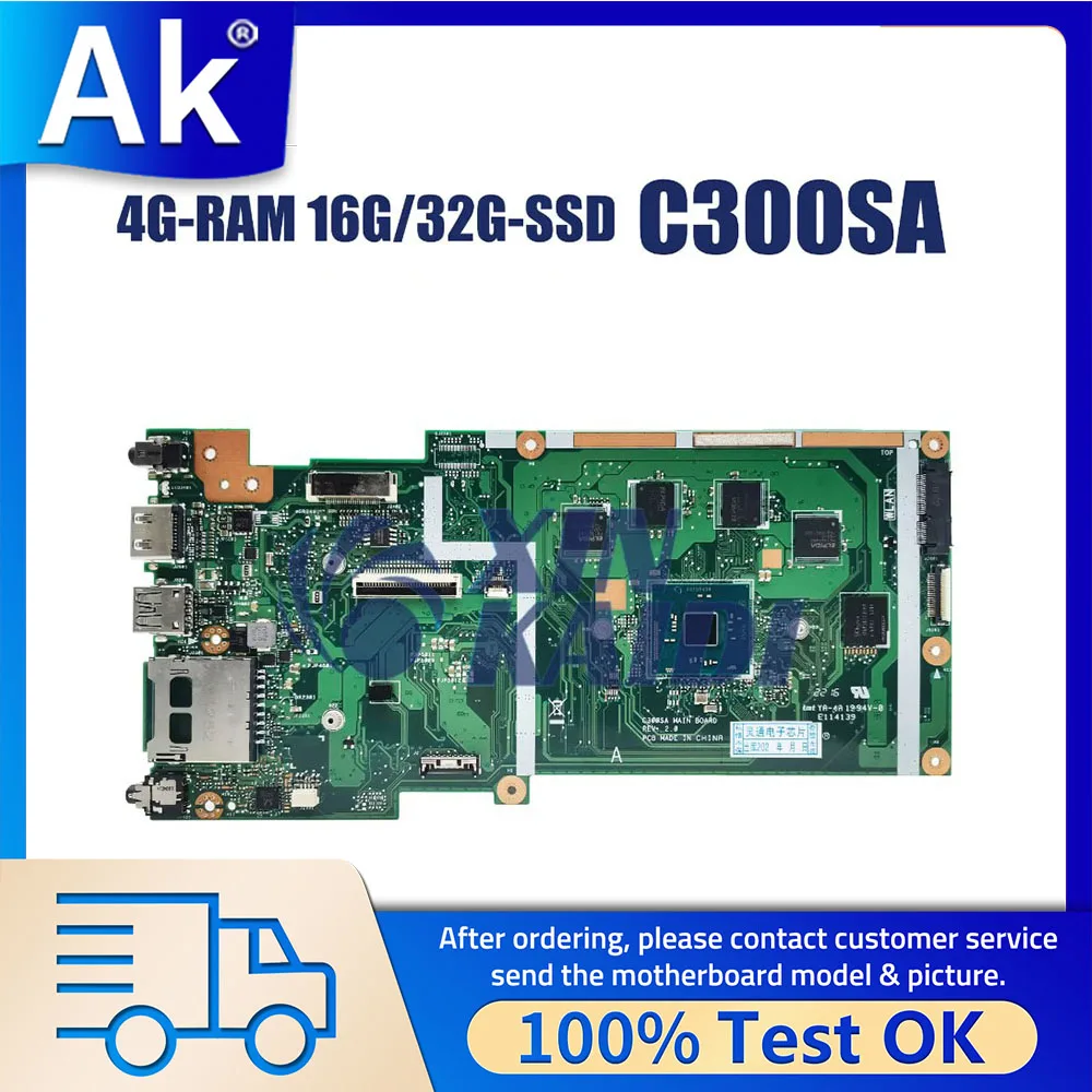 Notebook Motherboard For ASUS Chromebook C300SA C300 C300SA C300S Laotop Mainboard N3060 CPU 4G-RAM 16G 32G-SSD Systemboard