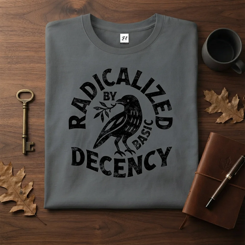 Mens Radicalized By Basic Decency Graphic T Shirts Raven Crow Bird Print Casual Short Sleeve Crew Neck Loose Fit Summer Top