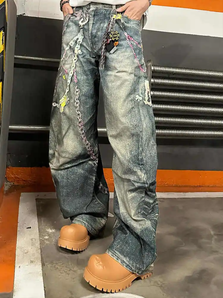 

2025 New 3D Candy Chain Old Washed Denim Zipper Slim Fit Straight PANT Jeans Cotton Denim Pants Casual Jeans