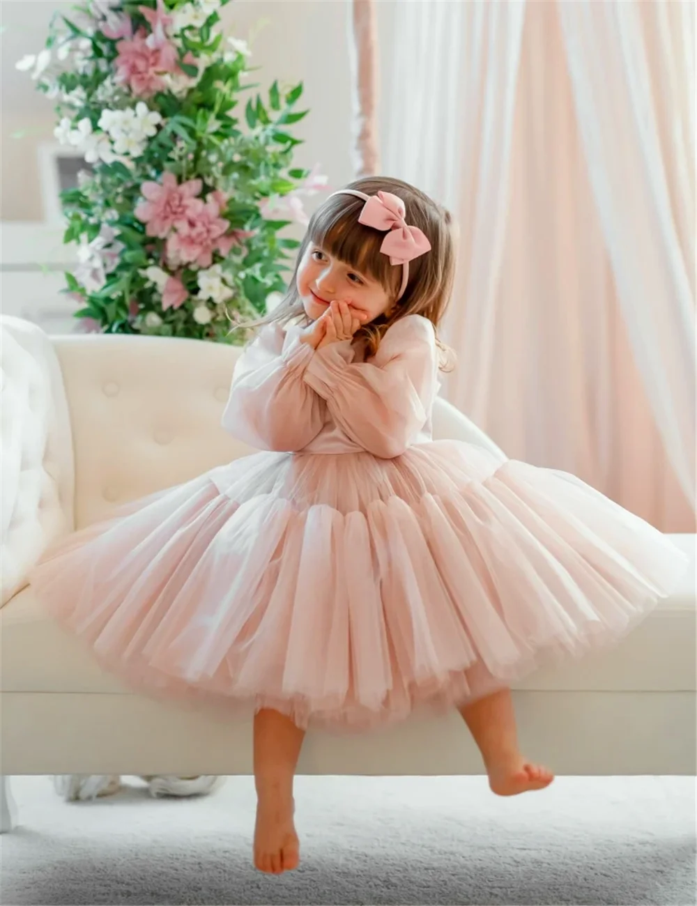 

Lovely Pink angel Flower Girl Dresses Long-sleeved Tulle Princess Ball Beauty Pageant First Communion Gowns Kid Birthday Present