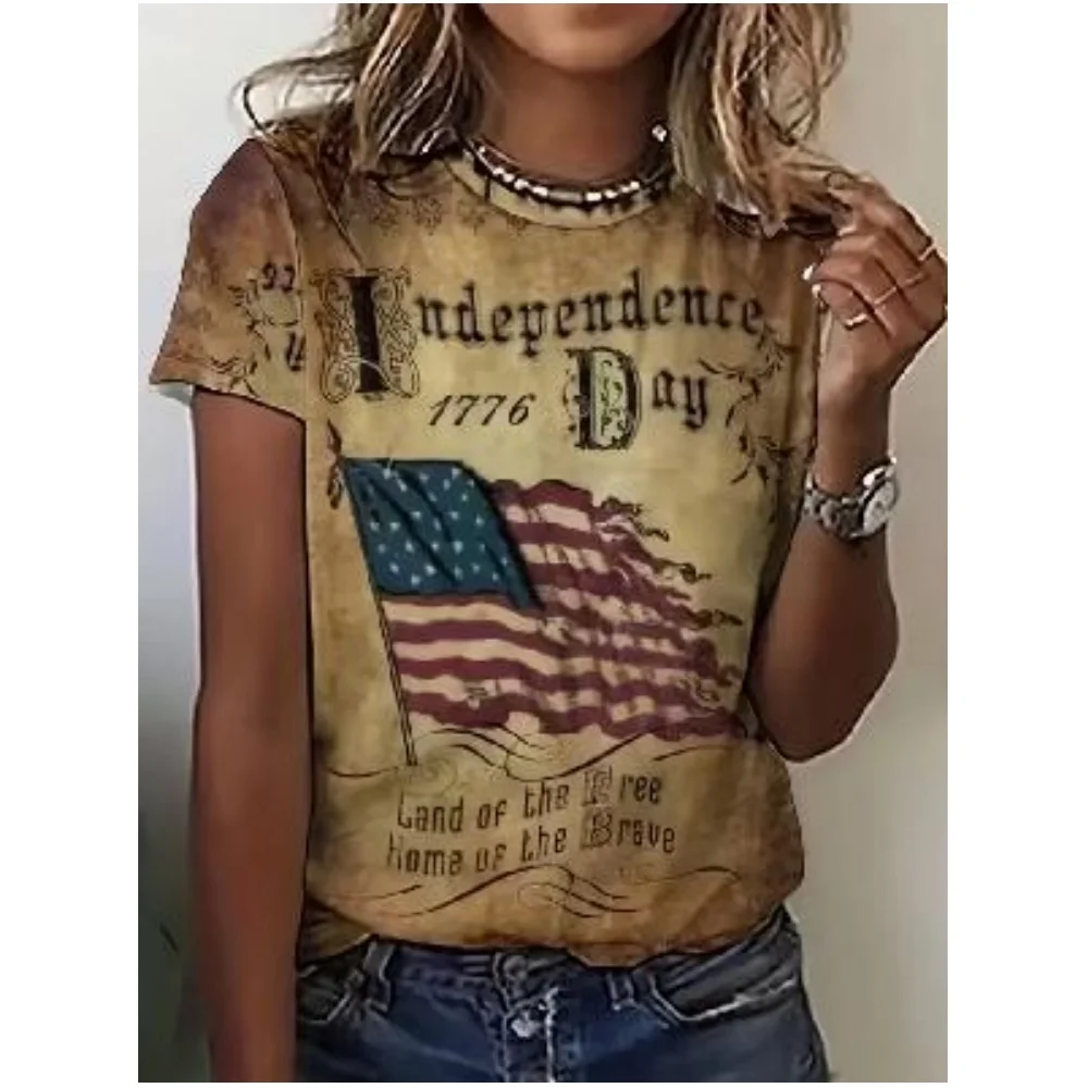 

Women's T-Shirt American Retro Print Harajuku Simple Round Neck Short Sleeved Top Fashionable Trend Plus Size Women's Clothing