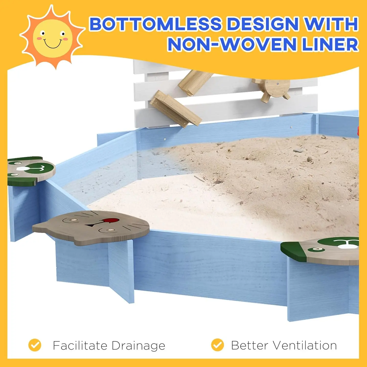 Kinder Holz Sandkasten, große Outdoor-Sand kästen mit 6 Tier gemusterten Sitzen, Wasser & Sand Spielzeug, Eimer, Tafeln, Sandgrube f