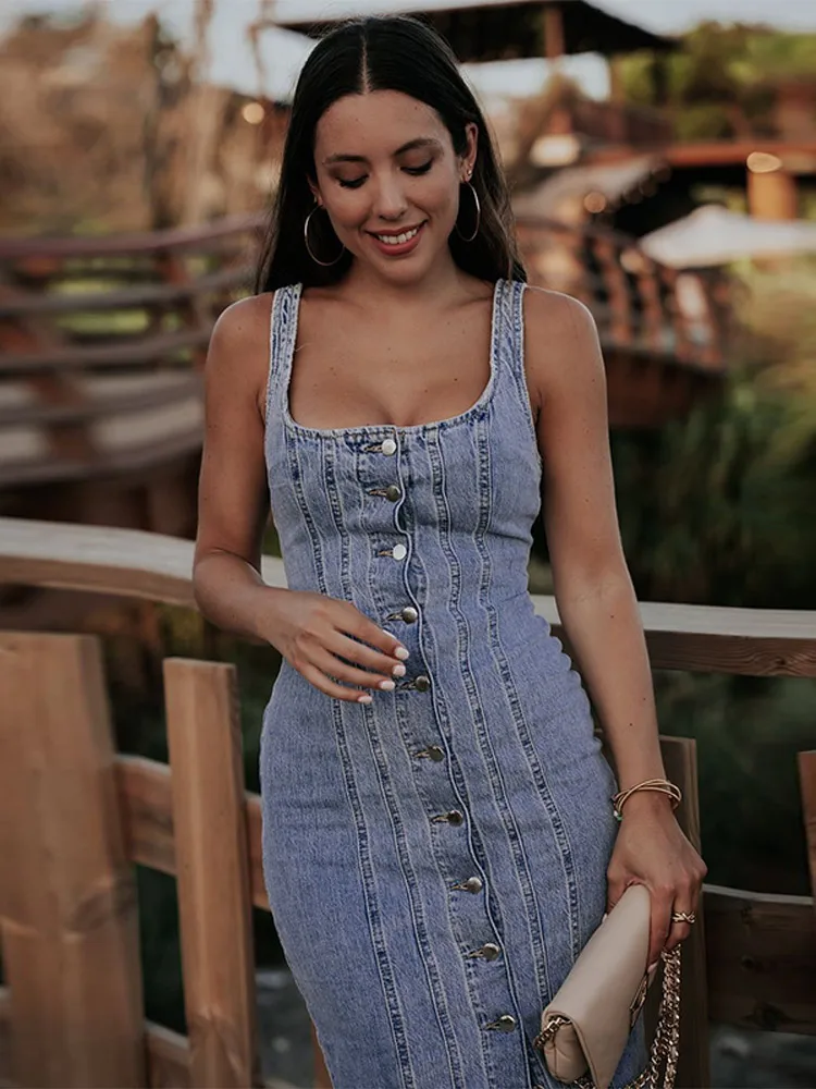 

Women Vintage Denim Slip Dress Single Breasted Cinching Waist Slim Jeans Long Skirts Solid Washed Distressed High Street Dress
