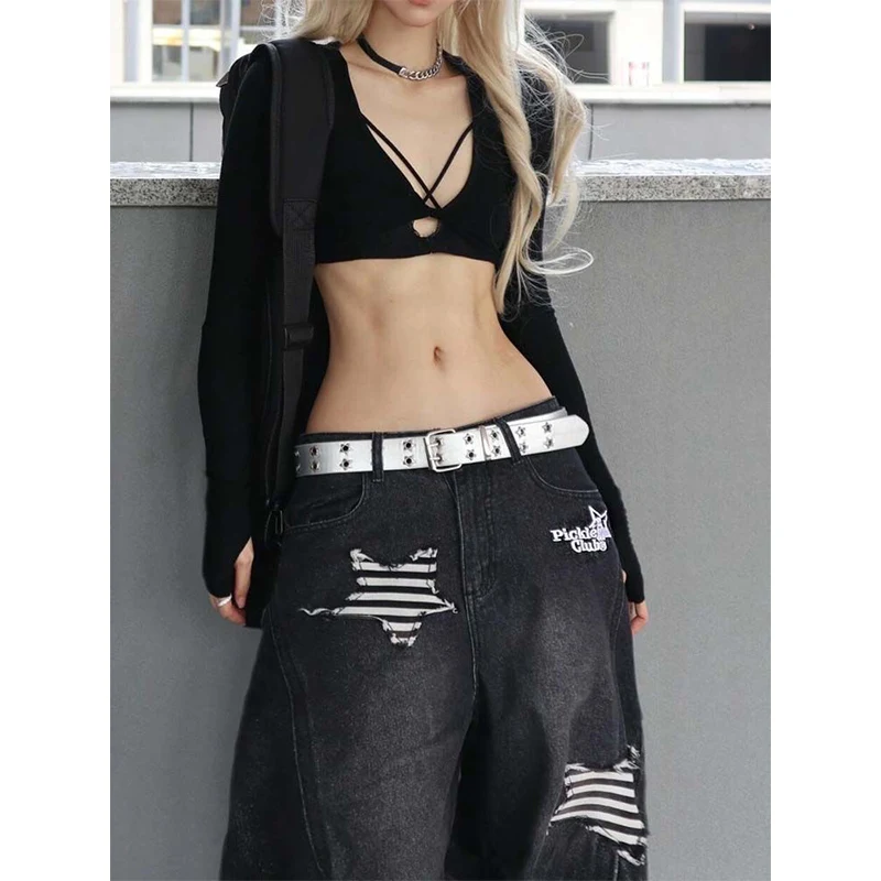 Women Black Baggy Cargo Jeans Harajuku Y2k 90s Aesthetic High Waist Denim Trouser 2000s Oversize Jean Pants Vintage Clothes