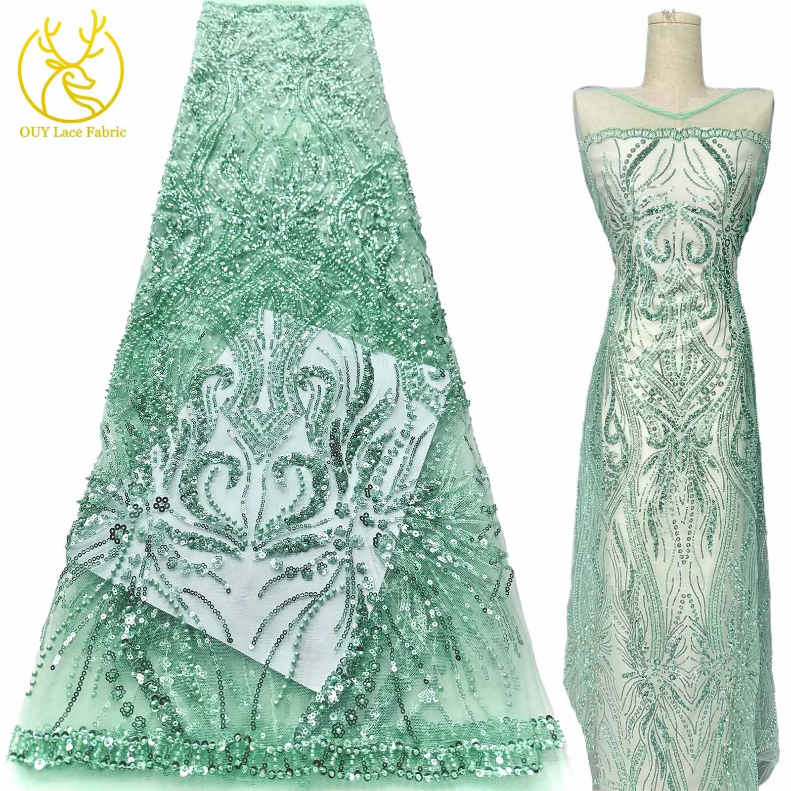 

African Beads Lace Fabric 2025 High Quality French Mesh Sequins Embroidery Lace Fabrics For Women Evening Wedding Party Dress