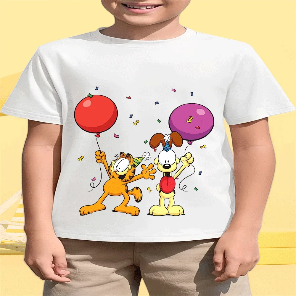 

Хит продаж, хлопковая футболка с мультяшным принтом Garfield Show для детей от 2 до 14 лет, летняя модная футболка для мальчиков и девочек