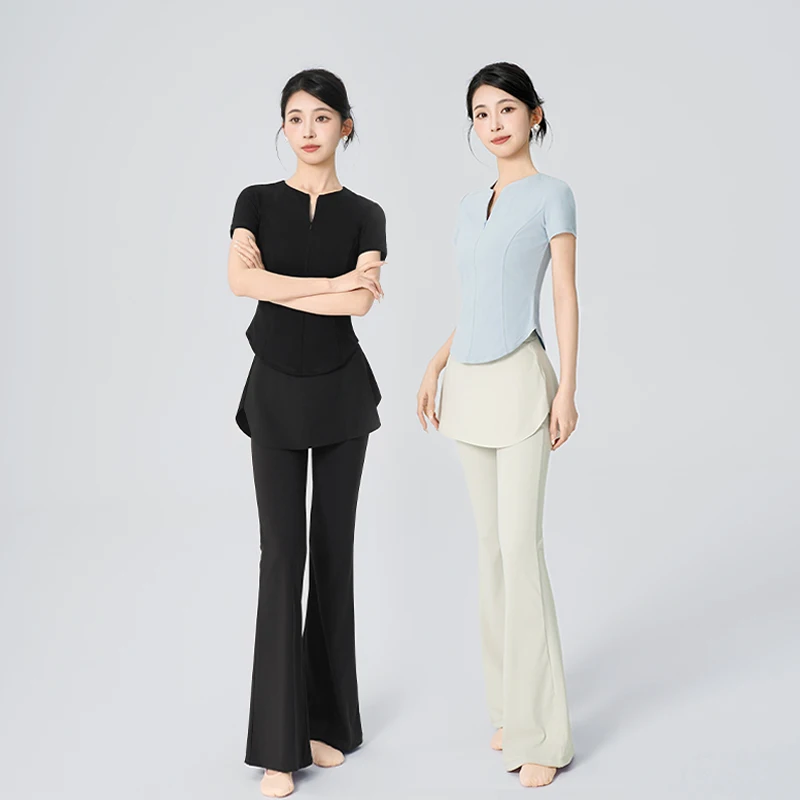 Top da ballo da donna con colletto alla coreana con cerniera Top da allenamento per balletto Giacca da ballo in cotone Top fitness a maniche corte attillati