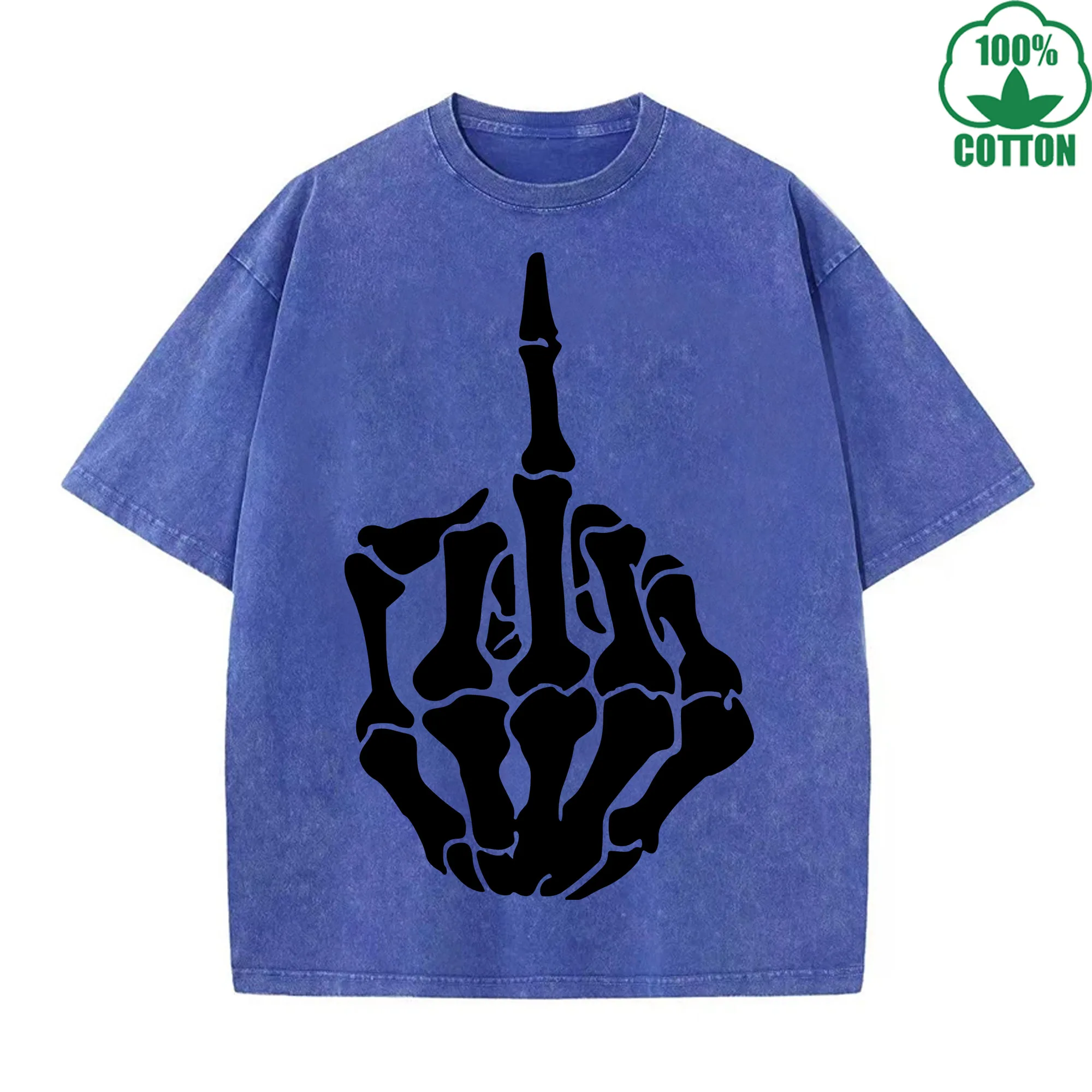 

Respect Skeleton Finger Printed Washed T-Shirt 230G Multicolor Loose Trendy Fashionable Cotton Short Sleeve Top