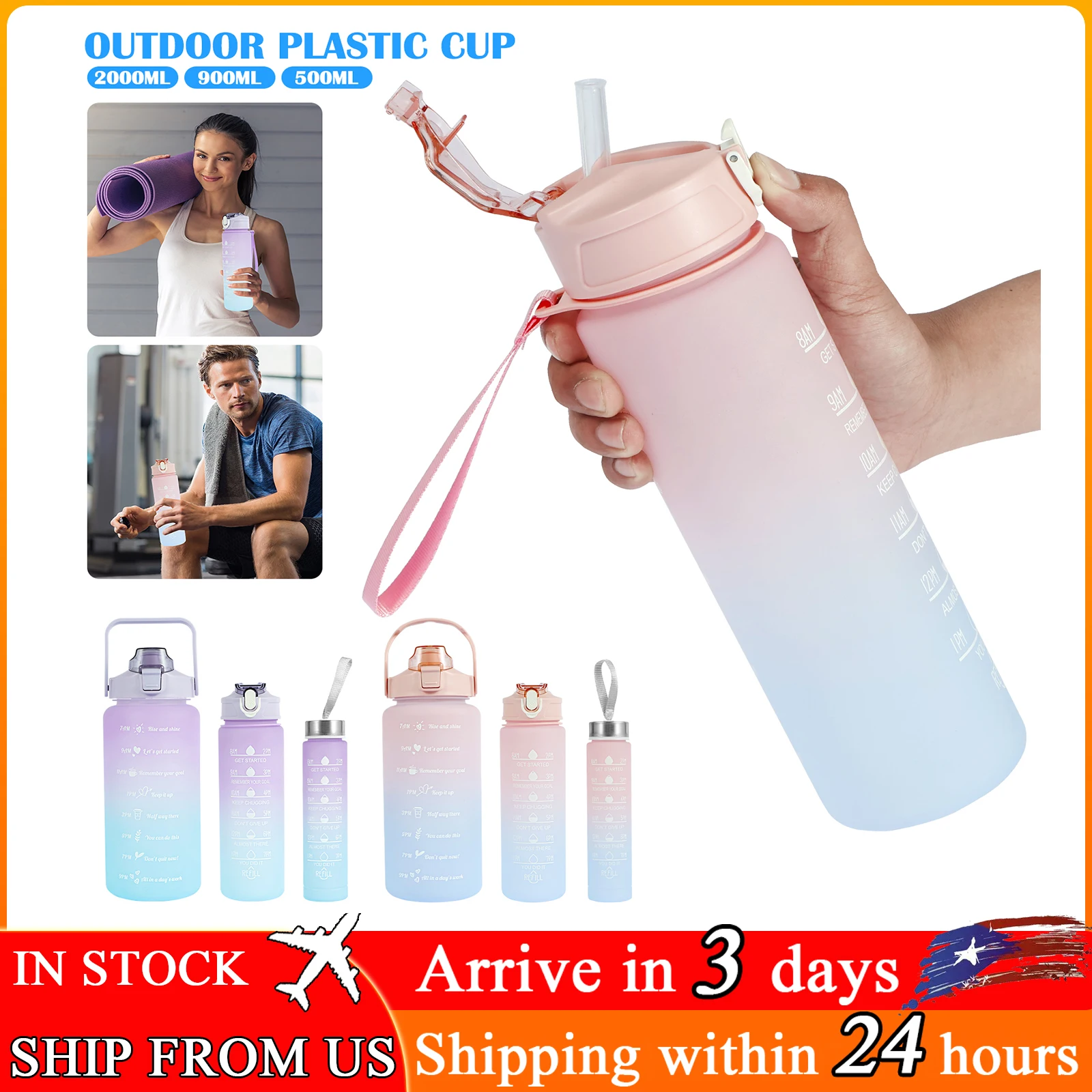 3Pcs Water Bottles Set Portable Drink Bottle Outdoor Sports Water Jug Motivational Drink Bottle with Time Marker For Gym Fitness