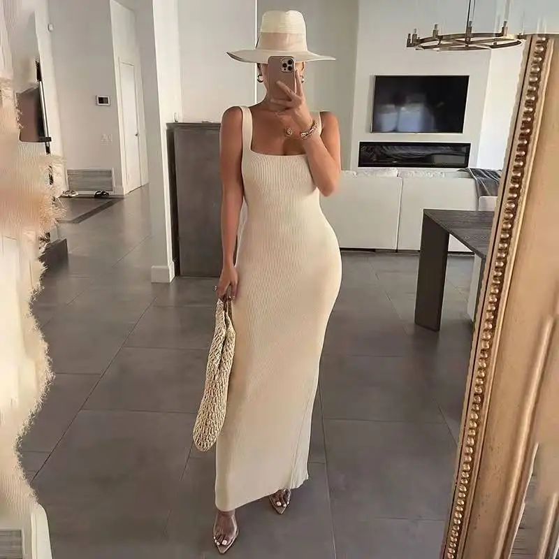 Sexy Vrouwen Geribbelde Stretch Bodycon Jurk Elegante Zomer Mouwloze Corset Slanke Gebreide Party Lange Vest Jurk