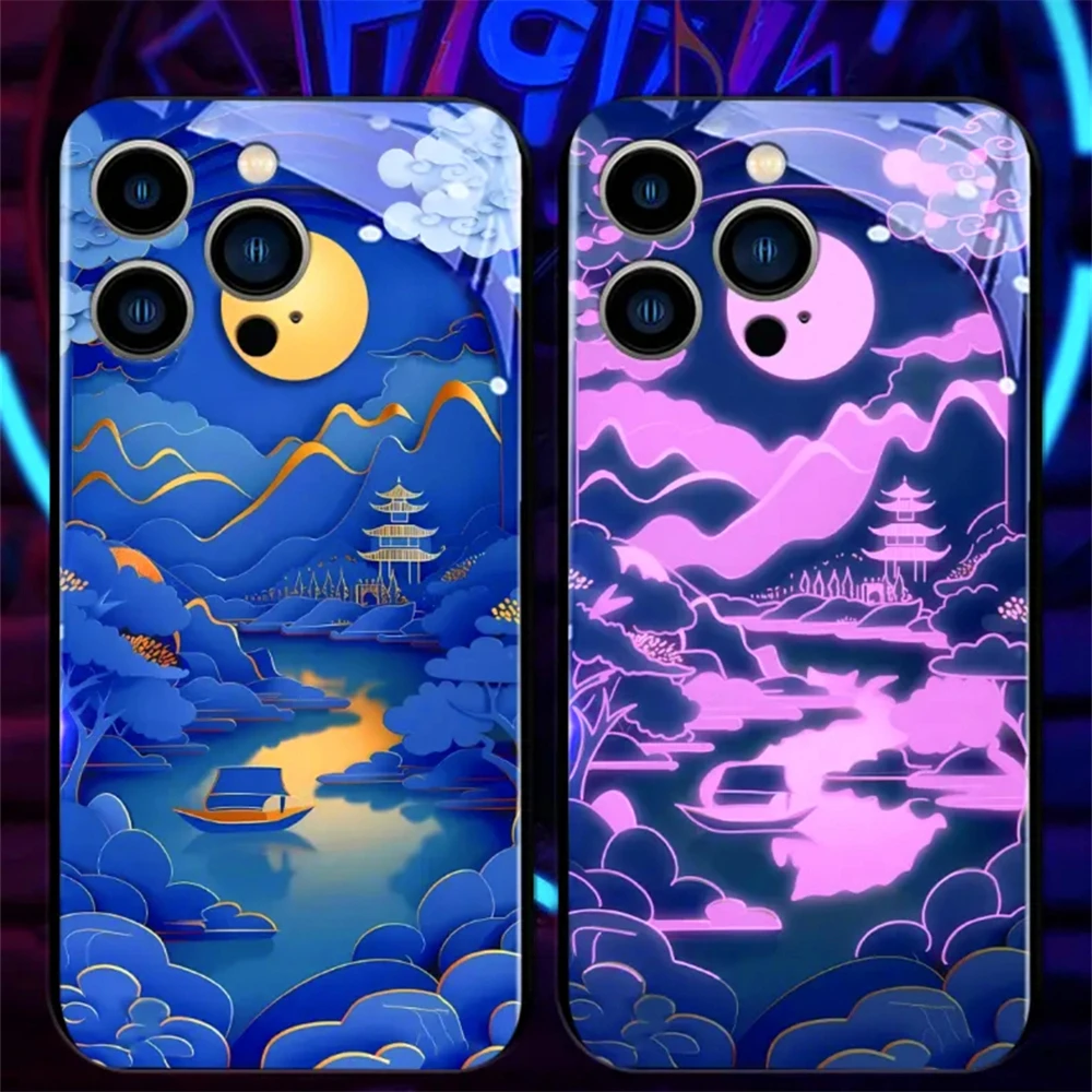 Blue Ancient Painting LED Light Glow Luminous Glass Phone Case For iPhone 15 14 13 12 11 Pro Max XR XS Plus 6 7 8 SE2020