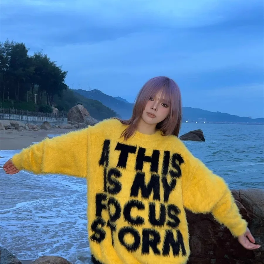 سترة للزوجين على الطراز الأمريكي، ملابس خارجية شتوية محبوكة فضفاضة غير رسمية للرجال والنساء برقبة دائرية وأكمام طويلة