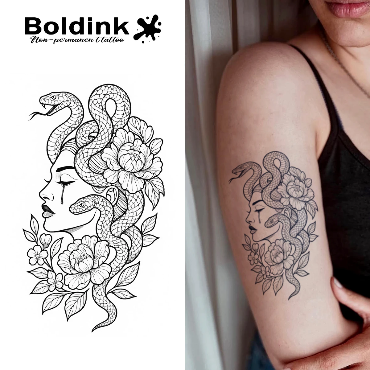 Boldink Non-Permanent Tattoo Technology Medusa Inspired Design Minimalist Lines Personalized Tattoo Waterproof for 1-2 Weeks