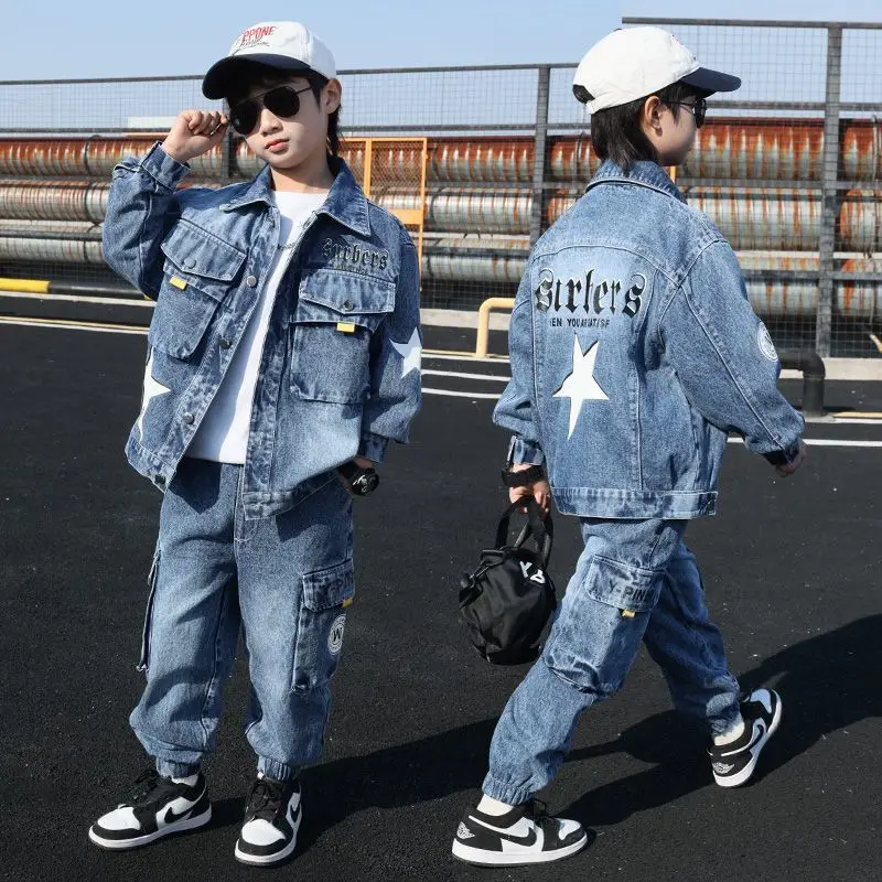 

New Fashion Teenage Boys Denim Clothes Set High Quality Children Jeans Coat+Pants Autumn Baby Boys Cotton Sport Suits 5-16Years