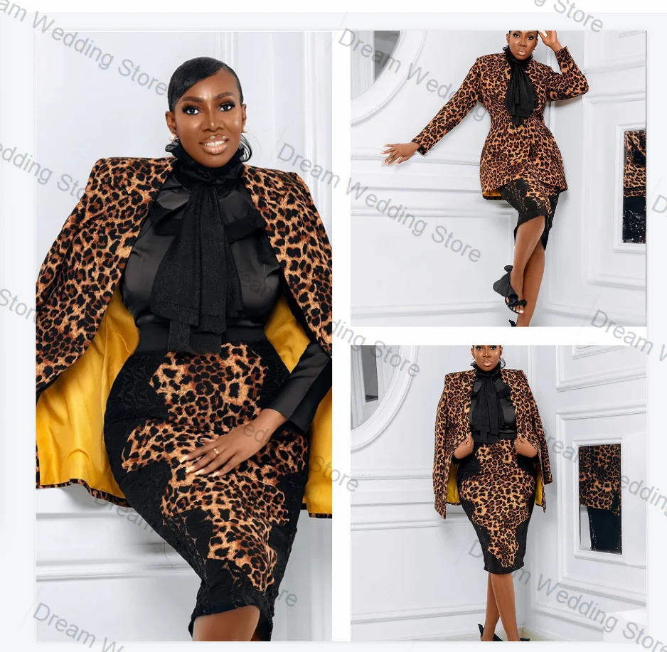 

Leopard Print Lace Women Suit Skirt Set 2 Pcs Blazer+Midi Prom Dress Formal Office Lady Jacket Customized Autumn Wedding Coat