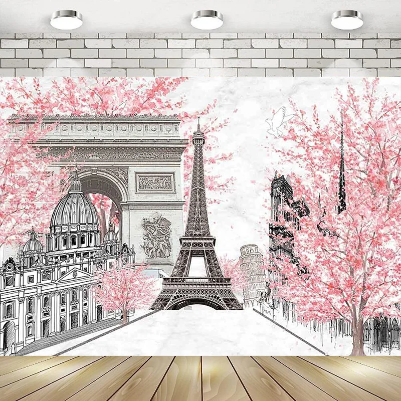 Pink Flowers Trees Eiffel Tower Theme Gray Paris Themed Happy Birthday Party Photography Backdrop Background Banner Decoration