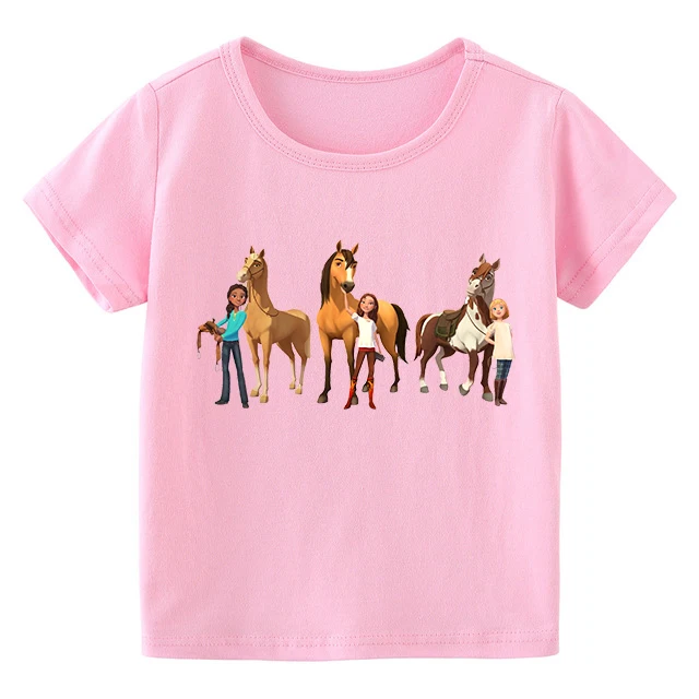 

2022 100% Cotton Lucky & Mustang Spirit Horse Cartoon Girls Pink T Shirt Cute Kids Clothes Baby Boys Summer Tees Short Sleeve