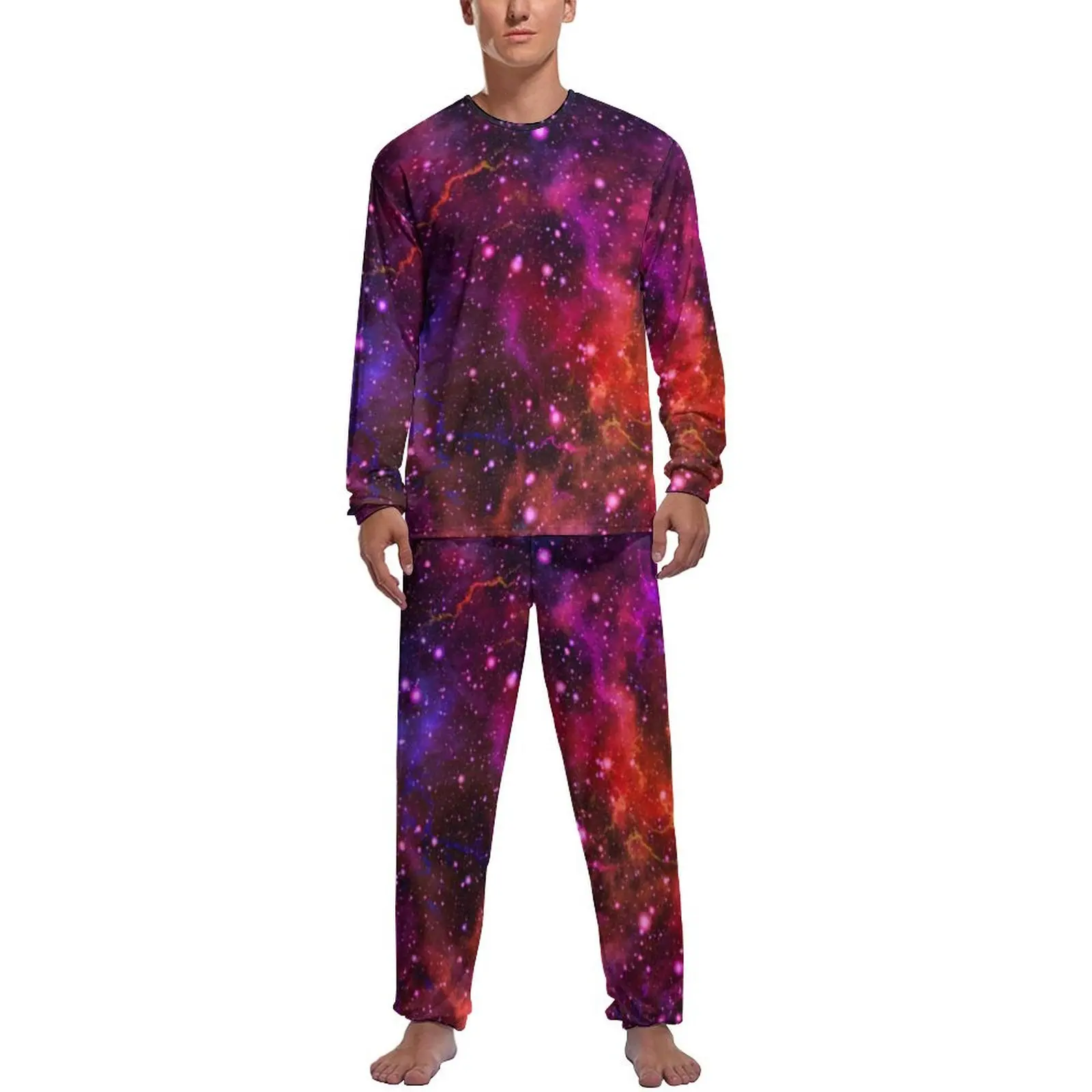 

Nebula Galaxy Sky Pajamas Long Sleeve Stars Space Design 2 Pieces Leisure Pajama Sets Winter Men Design Warm Home Suit