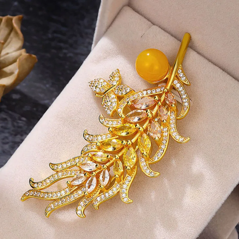 luxury brooch yellow crystal wheat ear brooches for women exquisite yellow beeswax Feather broche cheongsam Hanfu accessory gift view 5