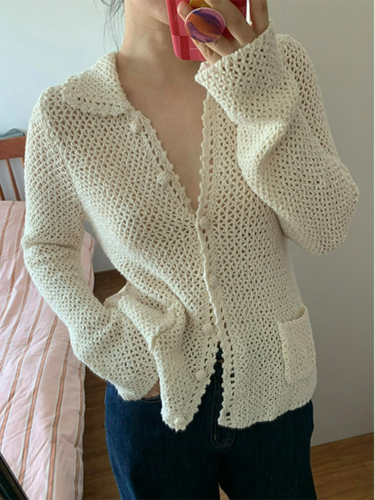 

Hollow-out Knitted Women's Cardigan 2025 Autumn New Long Sleeve Turn-down Collar Sweater Coat