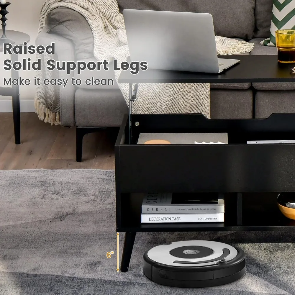 Lift Top Coffee Table, Modern Cocktail Table w/Hidden Compartment & 2 Open Shelves, Flip Top Center Table