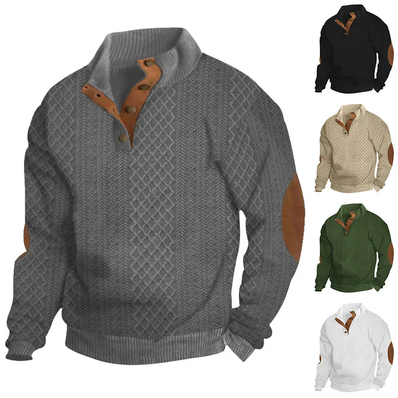 Men\'s Casual Stand Collar Long Sleeve Jacquard Knit Hoodie