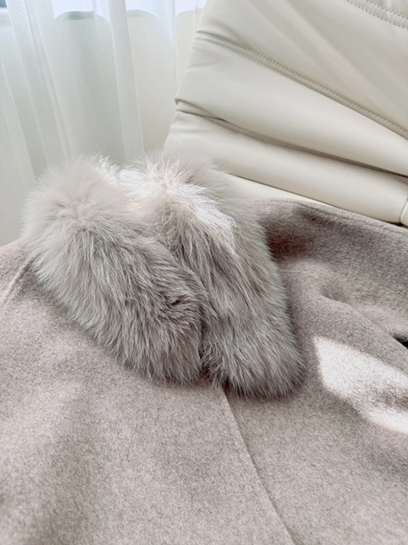 معطف صوف مزدوج الوجه من إيلي مع ياقة فرو وتصميم فضفاض وياقة مفتوحة للنساء الشابات