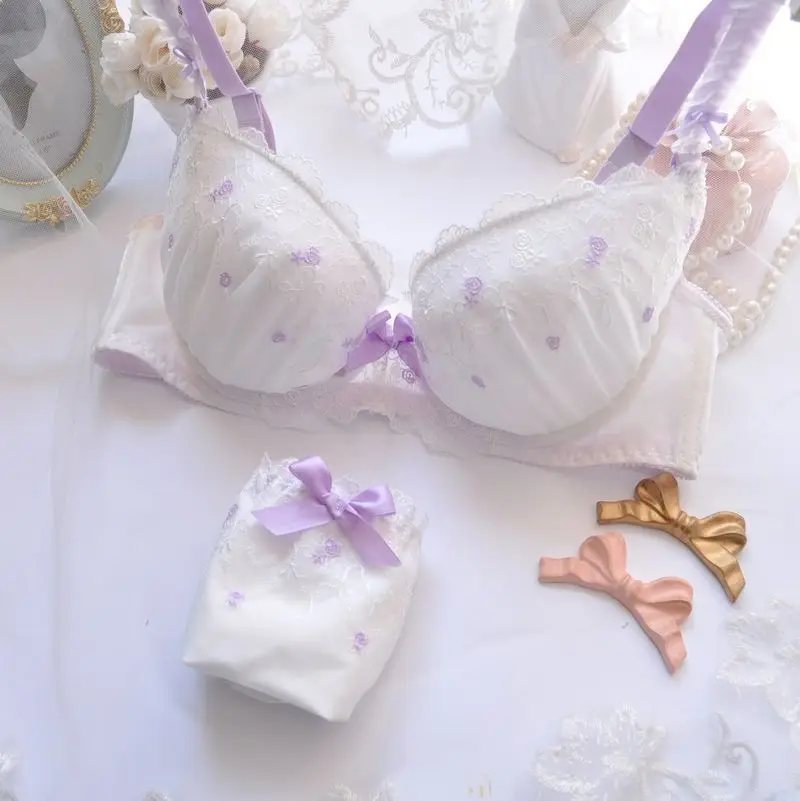 Embroider Thin Cup Girl Cute Sexy Lingerie  Bra Set Plus Size Women