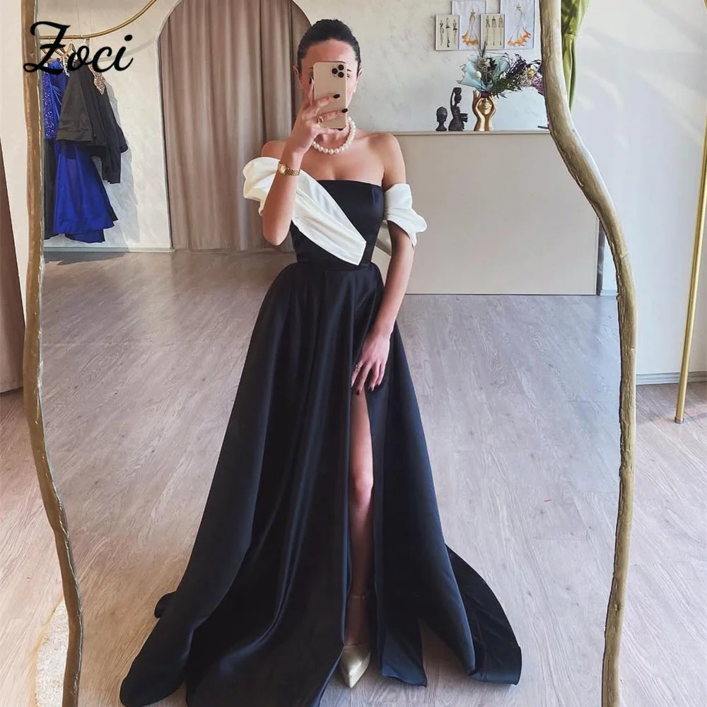 

Zoci Elegant Contrast Color Prom Dresses Off Shoulder Satin A Line Special Occasion Gown Customized High Side Split Prom Gowns