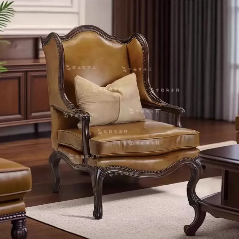 American Country Solid Wood Leather Sofa Chair Retro Vintage Single Armchair for Living Room Study Leisure Seating Furniture
