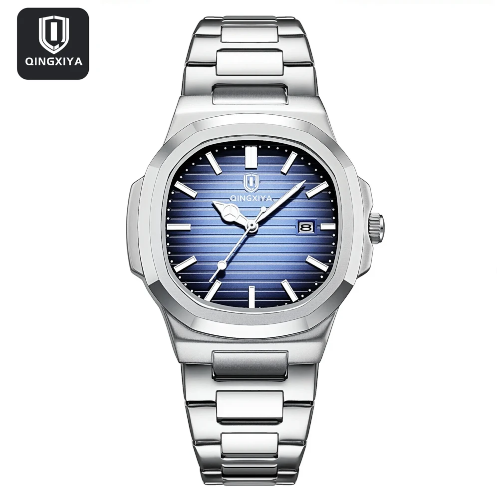 QINGXIYA Fashion Square Dial Quartz Watch for Men Stainless Steel Waterproof Luminous Date Mens Watches Top Brand Luxury Clock