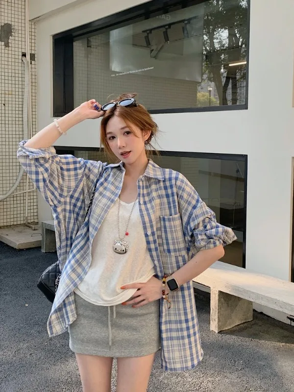 

plus Size Women's Casual Plaid Shirt Long Sleeve Summer New Style Loose Versatile Open Cardigan Top Korean Style Commute Wind