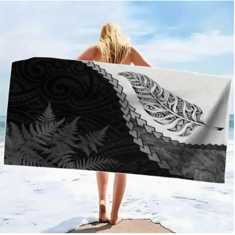 Maori Tribal Feather Beach Towel, Microfiber Sand Free Quick Dry Black & White Polynesian Print Soft Absorbent for Summer & Pool